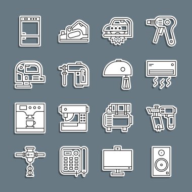 Set line Stereo speaker, Nail gun, Air conditioner, Electric circular saw, Rotary hammer drill machine, jigsaw, Refrigerator and mixer icon. Vector