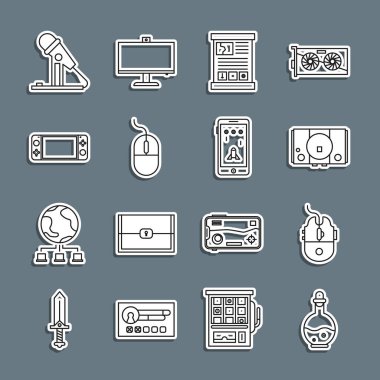 Set line Bottle with magic elixir, Computer mouse gaming, Video game console, Game guide, Portable video, Microphone and Mobile and playing icon. Vector