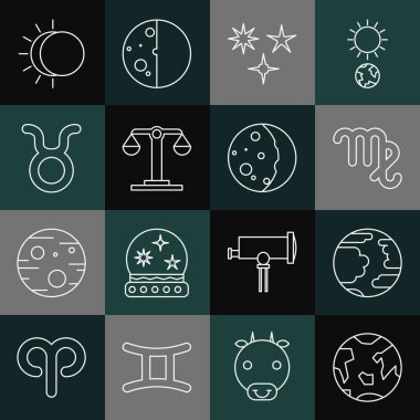 Set line Planet Earth, Mercury, Virgo zodiac, Falling star, Libra, Taurus, Eclipse of the sun and icon. Vector