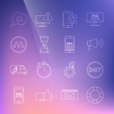 Set line Lifebuoy, Clock 24 hours, Megaphone, Mobile call, Hourglass, Five stars rating review, Speech bubble with angry smile and Question and Exclamation icon. Vector