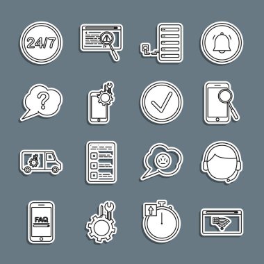 Set line No Internet connection, Man with a headset, Mobile phone diagnostics, Server, service, Speech bubble Question, Clock 24 hours and Check mark in circle icon. Vector