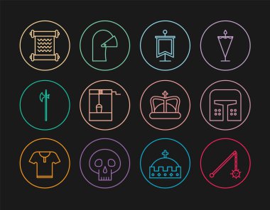 Set line Medieval chained mace ball, iron helmet, flag, Well with bucket, halberd, Decree, parchment, scroll, King crown and icon. Vector