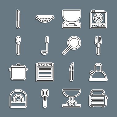 Set line Toaster with toasts, Kettle handle, Barbecue fork, Electronic scales, Kitchen ladle, Spoon, Knife and Frying pan icon. Vector