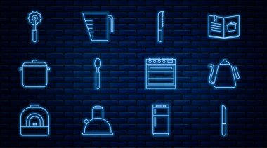 Set line Knife, Kettle with handle, Bread knife, Spoon, Cooking pot, Pizza, Oven and Measuring cup icon. Vector