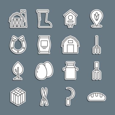 Set line Bread loaf, Garden rake, pitchfork, Bird house, Fertilizer bag, Horseshoe, Farm and icon. Vector