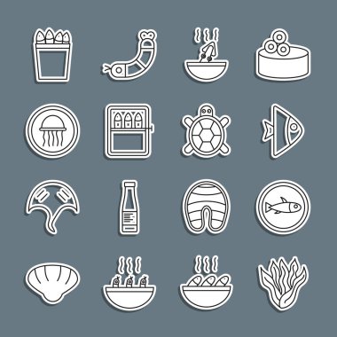 Set line Seaweed, Served fish on plate, Fish, Soup with octopus, Canned, Jellyfish, Fishing bucket fishes and Turtle icon. Vector