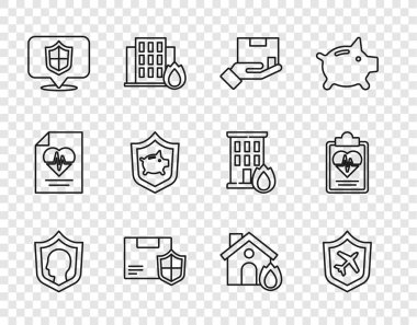 Set line Life insurance with shield, Plane, Delivery, security, Location, Piggy bank, Fire burning house and Health icon. Vector