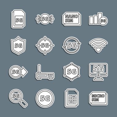 Set line Micro Sim Card, Monitor with 5G network, Wi-Fi wireless, Nano, Protective shield, and icon. Vector