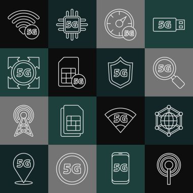 Set line Antenna, Social network, Search 5G, Digital speed meter, Sim Card, and Protective shield icon. Vector