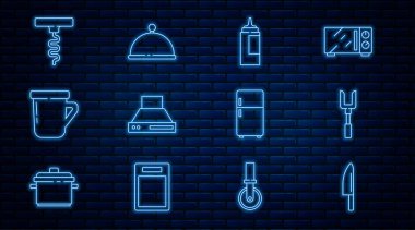 Set line Knife, Barbecue fork, Sauce bottle, Kitchen extractor fan, Coffee cup, Wine corkscrew, Refrigerator and Covered with tray icon. Vector