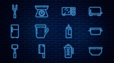 Set line Bowl, Cooking pot, Microwave oven, Coffee cup, Refrigerator, Barbecue fork, Sauce bottle and Scales icon. Vector