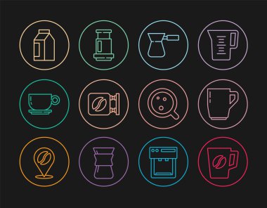 Set line Coffee cup, turk, Street signboard coffee, Bag beans, and Aeropress icon. Vector
