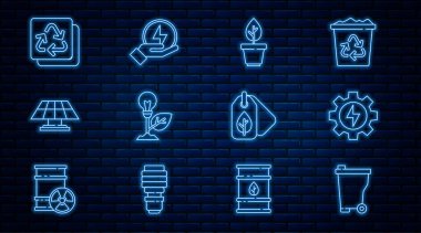 Set line Trash can, Gear and lightning, Plant pot, Light bulb with leaf, Solar energy panel, Recycle, Tag and Lightning bolt icon. Vector