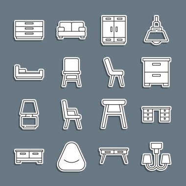 Set line Chandelier, Office desk, Furniture nightstand, Wardrobe, Chair, Bed, Chest of drawers and Armchair icon. Vector