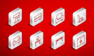 Set line Wardrobe, Big bed, Armchair, Office desk, Table lamp, on table and icon. Vector