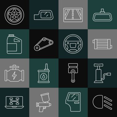 Set line High beam, Car air pump, radiator cooling system, Gps device with map, Timing belt kit, Canister for motor oil, wheel and Steering icon. Vector