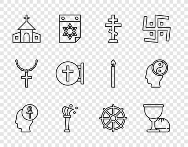 Set line Cross ankh, Holy grail or chalice, Christian cross, Aspergillum, Church building, Dharma wheel and Yin Yang icon. Vector