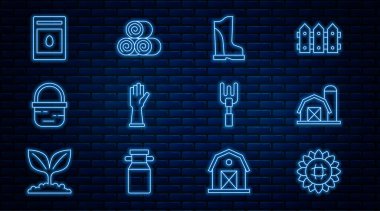 Set line Sunflower, Farm house, Waterproof rubber boot, Rubber gloves, Basket, Pack full seeds plant, Garden rake and Roll hay icon. Vector