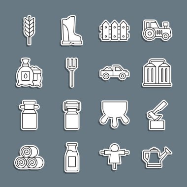 Set line Watering can, Wooden axe, Granary, Garden fence wooden, pitchfork, Pack full of seeds of plant, Wheat and Pickup truck icon. Vector