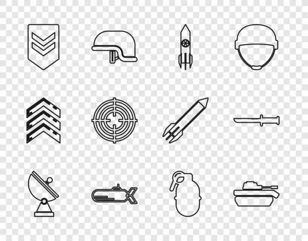 Set line Radar, Military tank, Nuclear rocket, Submarine, Chevron, Target sport, Hand grenade and knife icon. Vector — Vetor de Stock
