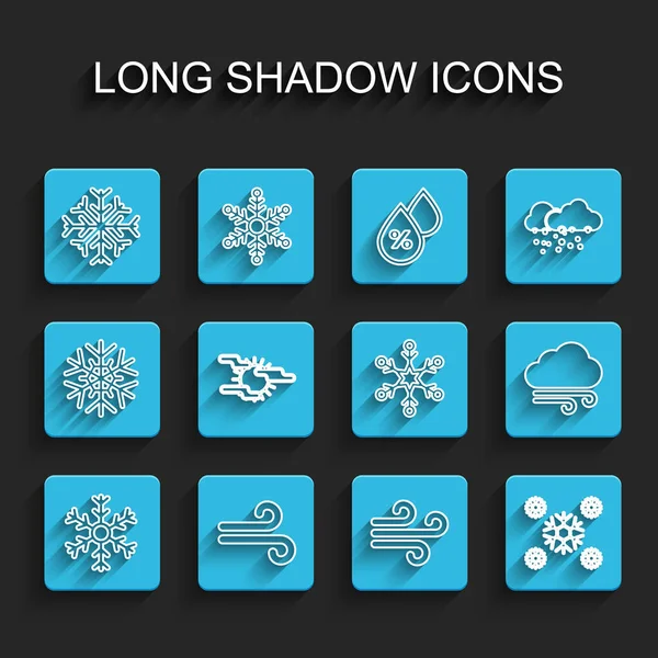 Set line Snowflake, Wind, Fog and sun, Windy weather and icon. Vector — Stockvektor