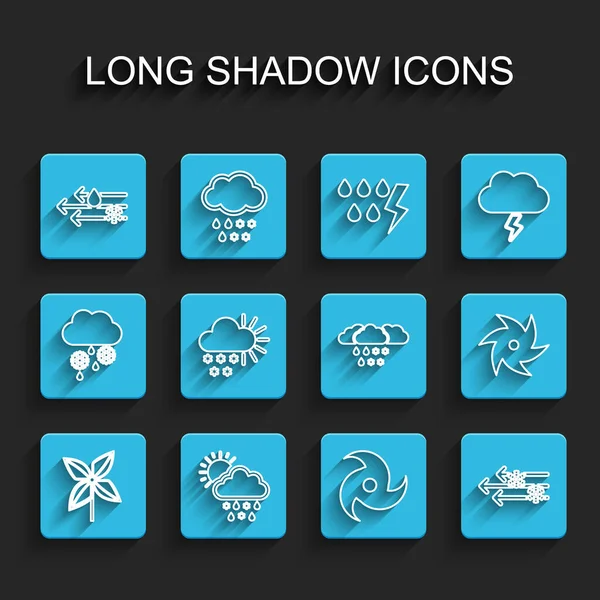 Establecer línea Pinwheel, Nube con nieve, lluvia, sol, viento y, Tornado, Nublado, y el icono. Vector — Archivo Imágenes Vectoriales