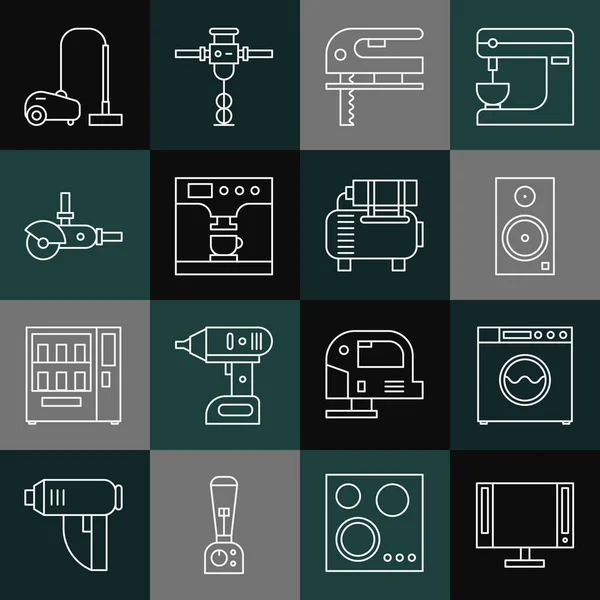 Set line Smart Tv, Washer, Stereo speaker, Electric jigsaw, Coffee machine and cup, Angle grinder, Vacuum cleaner and Air compressor icon. Vector — Stockvektor