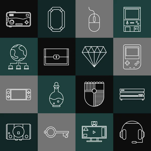 Set line Headphones, Video game console, Portable video, Computer mouse, Chest for, network, Mobile and playing in and Diamond icon. Vector — Archivo Imágenes Vectoriales
