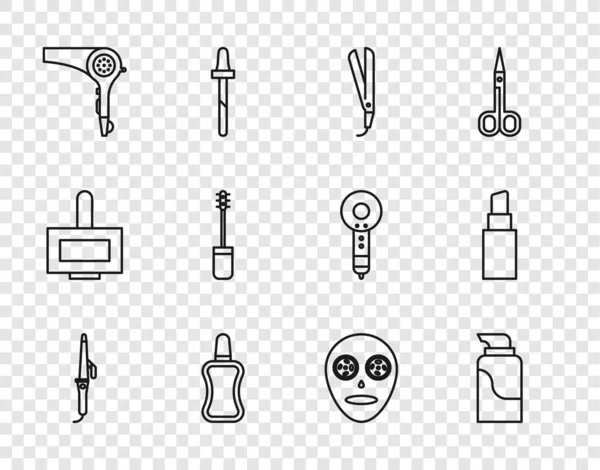 Set line Curling iron, Cream cosmetic tube, Nail polish bottle, Hair dryer, Mascara brush, Facial mask and Lipstick icon. Vector — Stock vektor