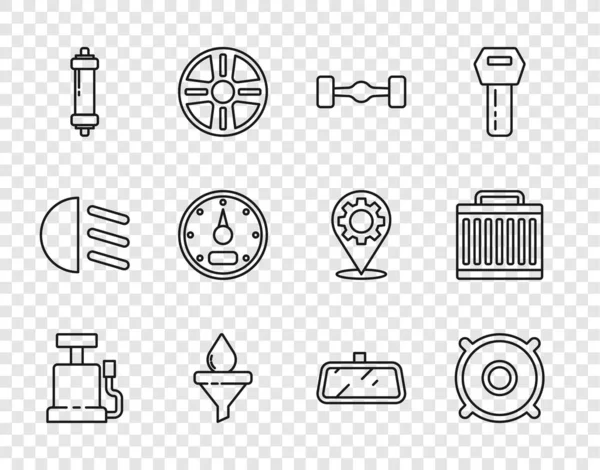 Set line Car air pump, audio speaker, Chassis car, Funnel and oil drop, Shock absorber, Speedometer, mirror and radiator cooling system icon. Vector — Vector de stock