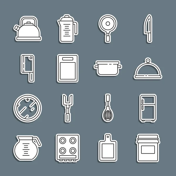 Set line Jam jar, Refrigerator, Covered with tray, Frying pan, Cutting board, Meat chopper, Kettle handle and Cooking pot icon. Vector — Stockvektor