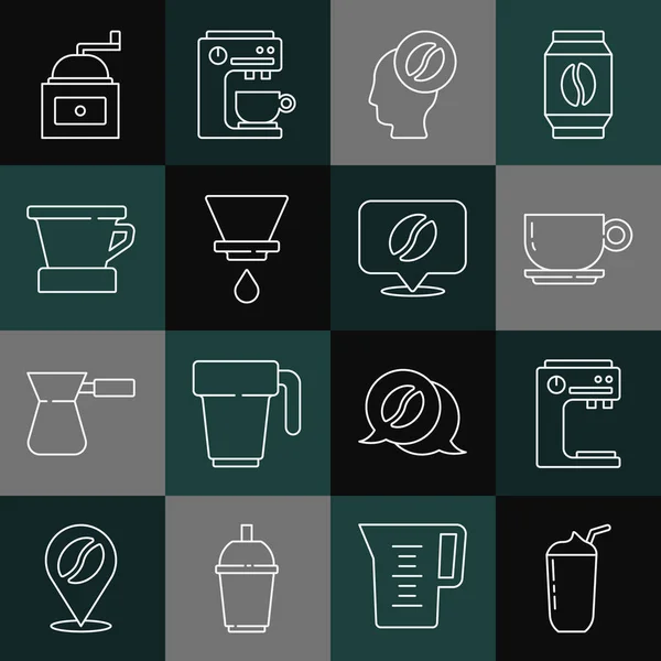 Set line Milkshake, Coffee machine, cup, Barista, V60 coffee maker, Manual grinder and Location with bean icon. Vector — Stockvektor