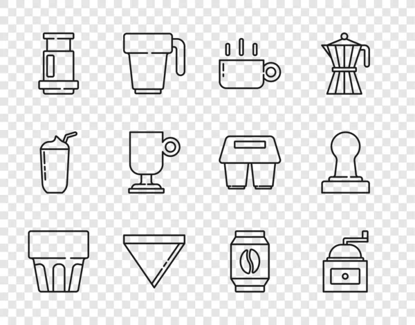 Set line Glass with water, Manual coffee grinder, Coffee cup, paper filter, Aeropress, Irish, Bag beans and tamper icon. Vector — Vetor de Stock