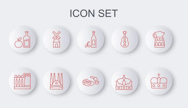 Set line Crown of spain, Dali museum, Bottle olive oil, Apple cider bottle, Windmill, Sagrada Familia and Churros and chocolate icon. Vector —  Vetores de Stock