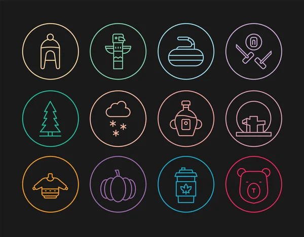 Set line Bear head, Montreal Biosphere, Stone for curling, Cloud with snow, Canadian spruce, Winter hat, Maple syrup and totem pole icon. Vector — Image vectorielle