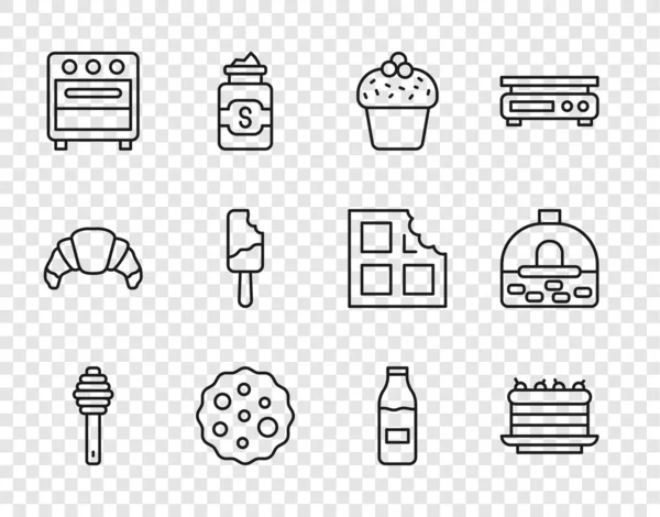 Set line Honey dipper stick, Cake, Cookie or biscuit, Oven, Ice cream, Bottle with milk and Brick stove icon. Vector — 图库矢量图片