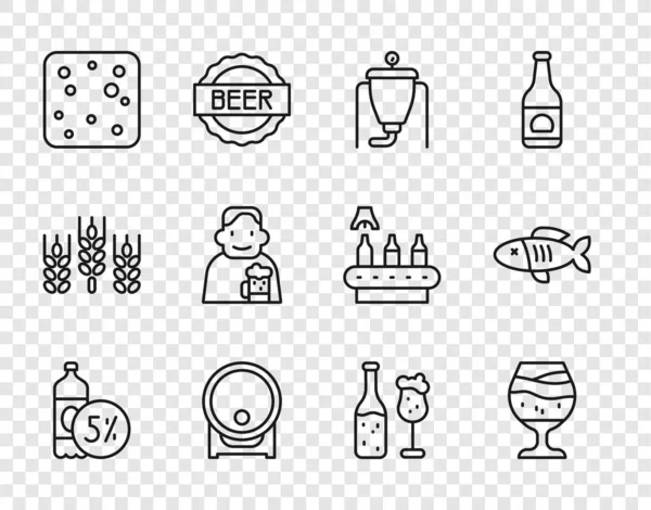 Σετ γραμμή μπουκάλι μπύρα, ποτήρι μπύρα, ζυθοποιία, Ξύλινο βαρέλι σε rack, φυσαλίδες, Ευτυχισμένος άνθρωπος με, και γυαλί και αποξηραμένα ψάρια εικονίδιο. Διάνυσμα — Διανυσματικό Αρχείο