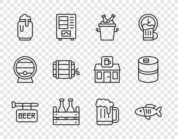 Set line Street signboard with Beer, Dried fish, bottles in ice bucket, Pack of beer, can foam, Wooden barrel on rack, mug and Metal keg icon. Vector — Vettoriale Stock