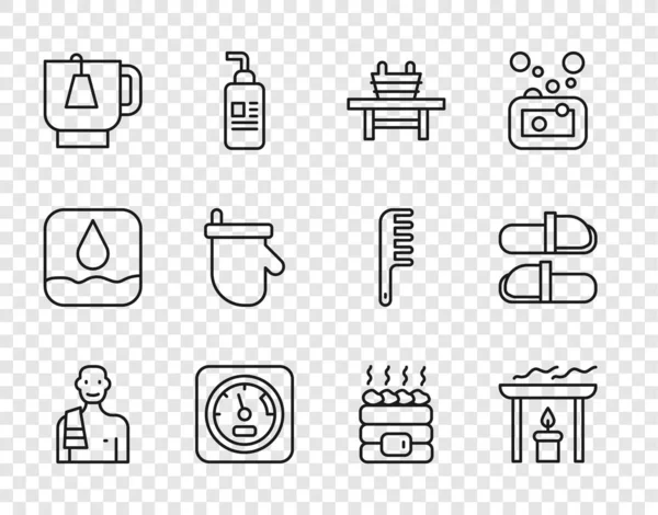 Set line Man in the sauna, Aroma candle, Sauna bench with bucket, thermometer, Cup of tea tea bag, mittens, Hot stones and slippers icon. Vector — стоковый вектор