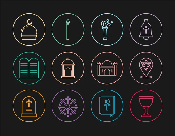 Set line Holy grail or chalice, Star of David, Aspergillum, Muslim Mosque, The commandments, and Burning candle icon. Vector — Stockvektor