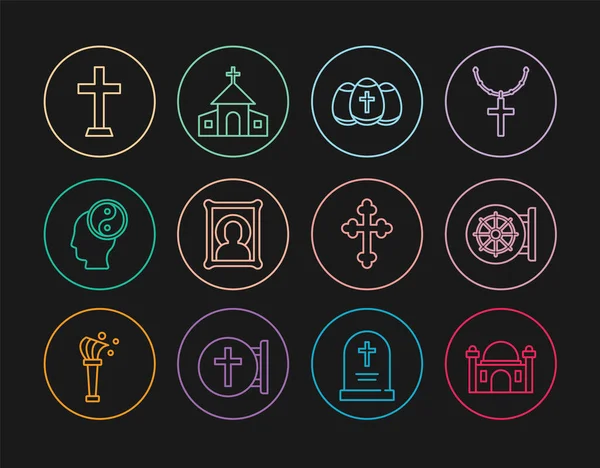 Set line Muslim Mosque, Dharma wheel, Easter egg, Christian icon, Yin Yang, cross, and Church building icon. Vector — Vettoriale Stock