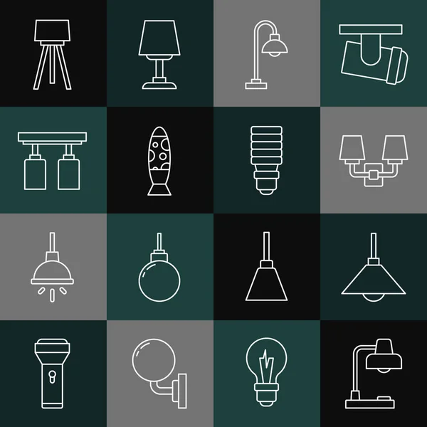 Set line Table lamp, Lamp hanging, Wall or sconce, Floor, Led track lights and lamps, and LED bulb icon. Vector — 图库矢量图片