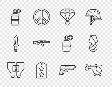 Set line Binoculars, Helicopter, Parachute, Military rank, Hand smoke grenade, Submachine gun, Pistol or and reward medal icon. Vector