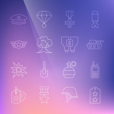 Set line Military rank, Walkie talkie, tank, reward medal, Nuclear explosion, Star American military, beret and Binoculars icon. Vector