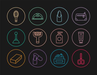 Set line Nail scissors, Tube of hand cream, manicure, file, Milling cutter for, and Manicure lamp icon. Vector