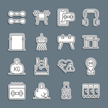 Set line Locker or changing room, Location gym, Uneven bars, Fitness app, Shower, Sport horizontal, Dumbbell and Pommel horse icon. Vector