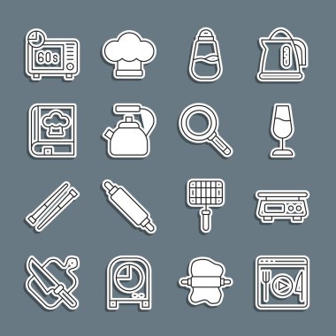 Set line Cooking live streaming, Electronic scales, Wine glass, Salt, Kettle with handle, Cookbook, Microwave oven and Frying pan icon. Vector