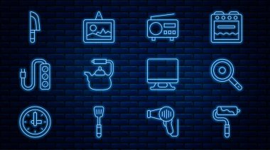 Set line Paint roller brush, Frying pan, Radio, Kettle with handle, Electric extension, Knife, Smart Tv and Picture icon. Vector