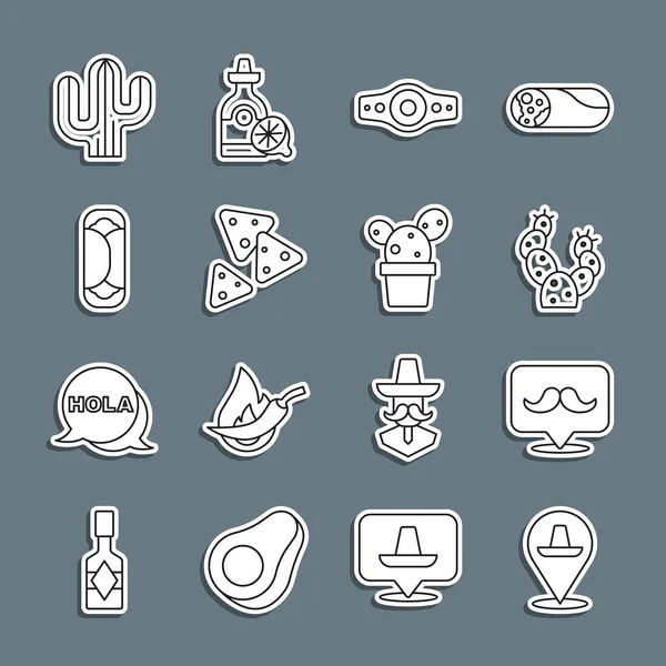 Set line Mexican sombrero, Mustache, Cactus, Wrestling championship belt, Nachos, Burrito, and or succulent pot icon. Vector — Image vectorielle