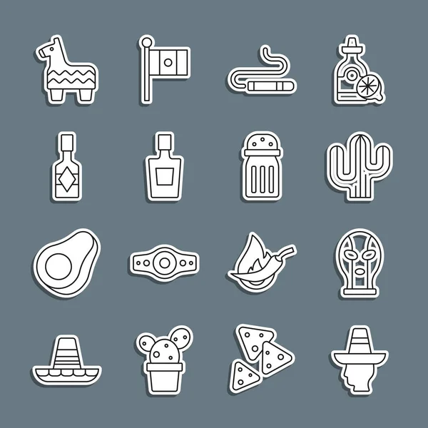 Set line Mexican man sombrero, wrestler, Cactus, Cigar, Tequila bottle, Tabasco sauce, Pinata and Salt icon. Vector — 图库矢量图片